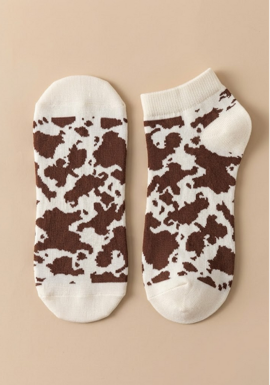 Brown Cow Print Ankle Socks – Cream Cotton Blend