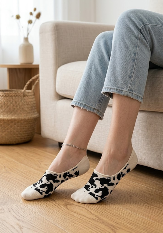 Cow Print Liner Socks in Cream & Black