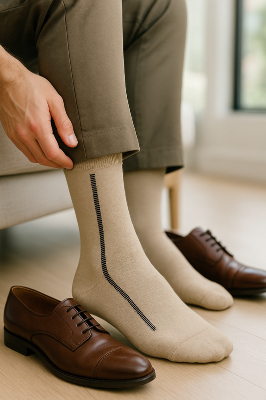 Beige Dress Socks with Vertical Micro-Bar Stripe
