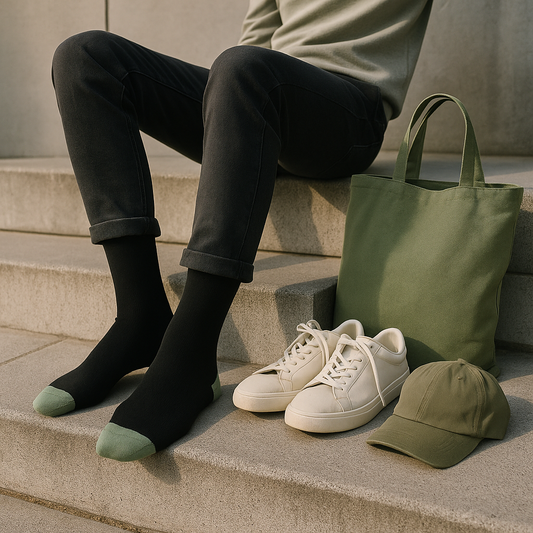 Jet Black Crew Socks with Sage-Green Accents