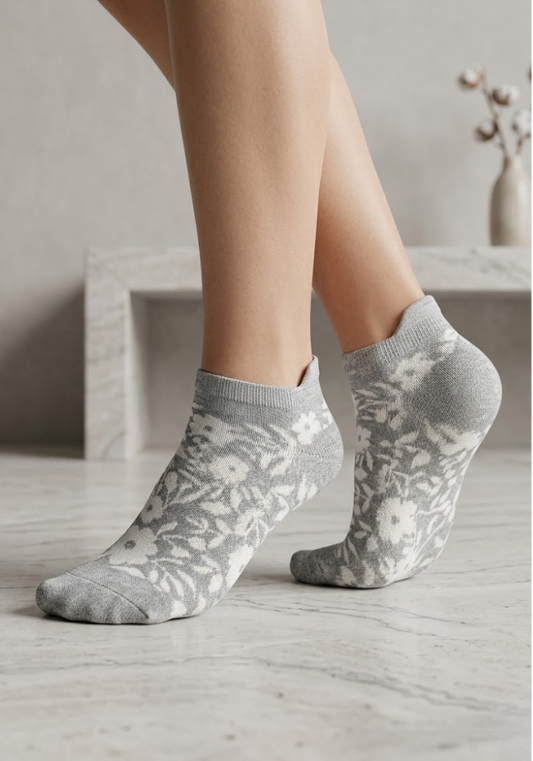 Grey & White Floral Knit Socks