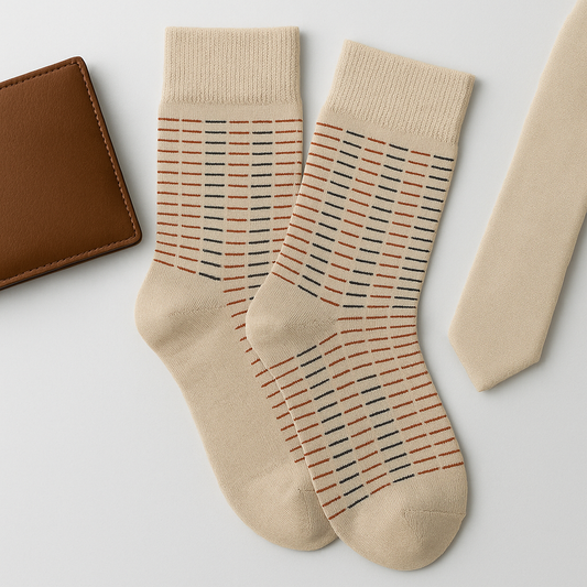 Beige Dress Socks with Striped Pattern in Red & Black