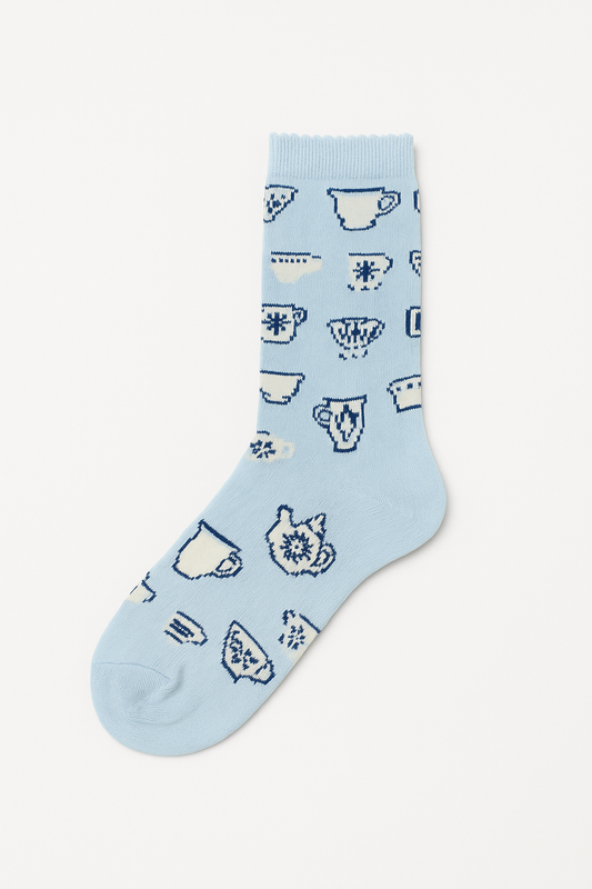 Light Blue Sock with Teacup & Teapot Patterns