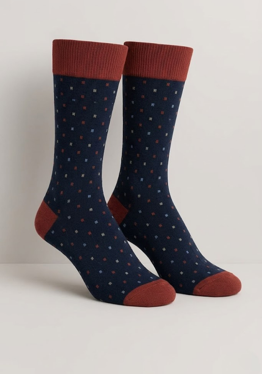 Navy Blue Dot Crew Socks with Rust Red Accents