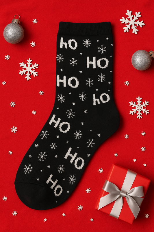 Black Christmas “Ho Ho Ho” Socks – Snowflake Pattern