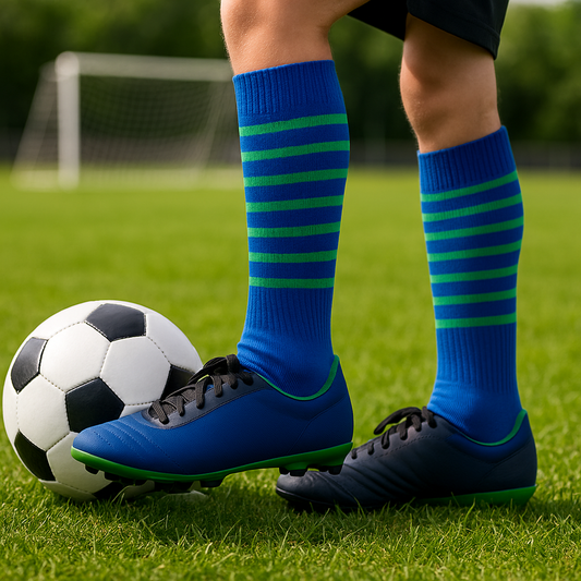 Kids Soccer Socks (Blue with Green Stripes