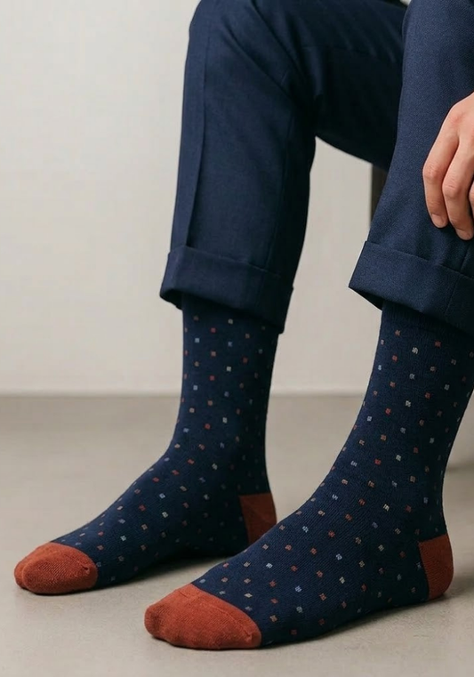 Navy Blue Dot Crew Socks with Rust Red Accents