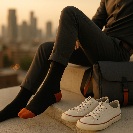 Jet Black Crew Socks with Burnt-Orange Accents