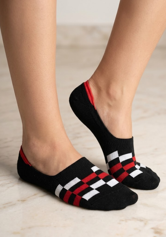 Black Checkerboard Socks with Red & White Accents