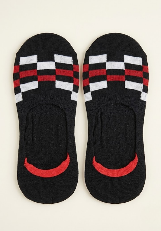 Black Checkerboard Socks with Red & White Accents