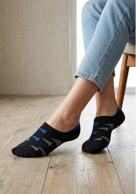 Black Geometric Socks with Blue & Grey Triangle Motif