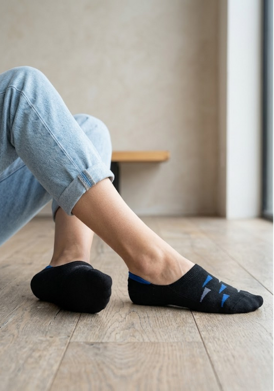 Black Geometric Socks with Blue & Grey Triangle Motif