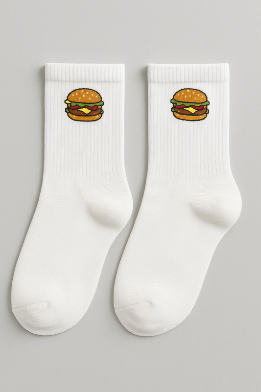 Kids White Fun Socks with Burger Motif