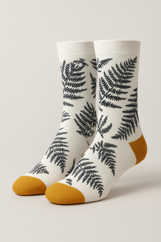 White Fern Pattern Socks with Mustard Accents