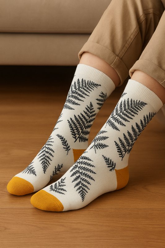 White Fern Pattern Socks with Mustard Accents