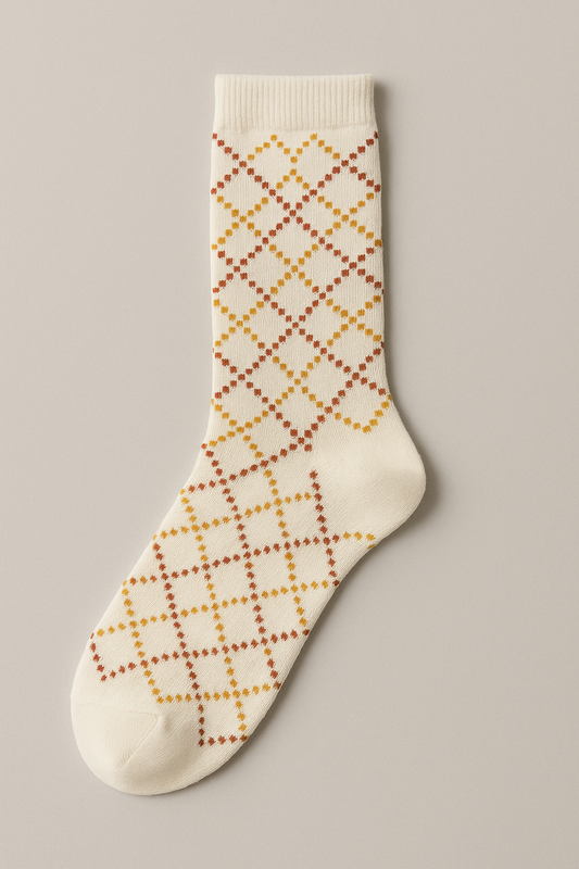 White Argyle-Inspired Pattern Socks