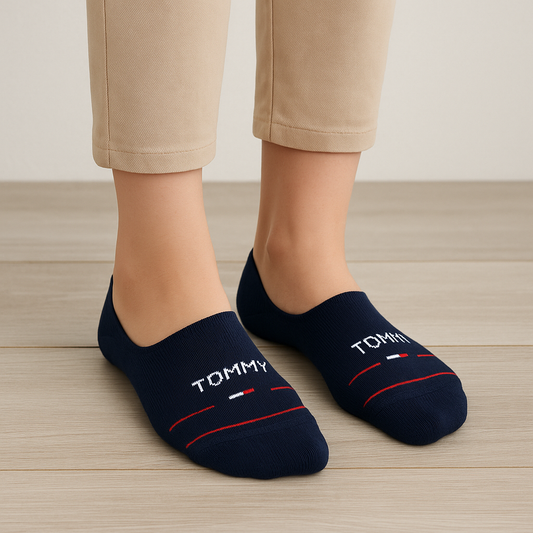 Navy Footie Socks with Red & White Stripes