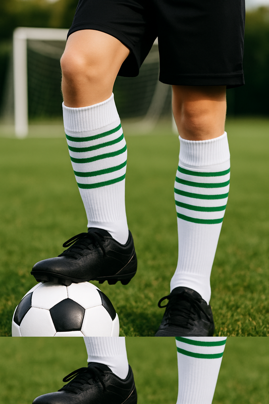 Kids Soccer Socks (White with Green Stripes