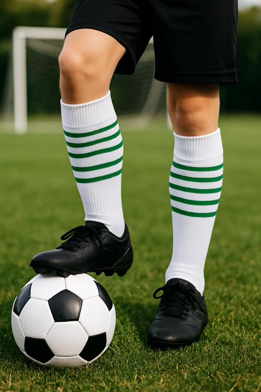 Kids Soccer Socks (White with Green Stripes