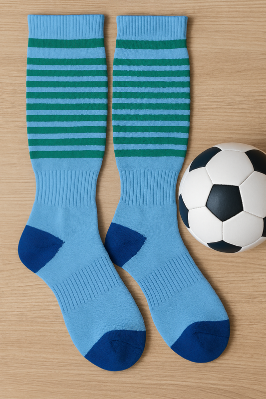 Kids Soccer Socks (Light Blue with Green Stripes