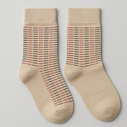 Beige Dress Socks with Striped Pattern in Red & Black