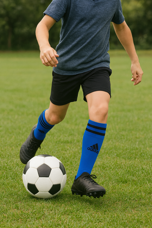 Blue Football Socks with Black Stripes