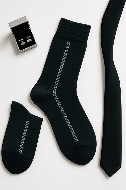 Elegant Black Dress Socks with Vertical Geometric Accent
