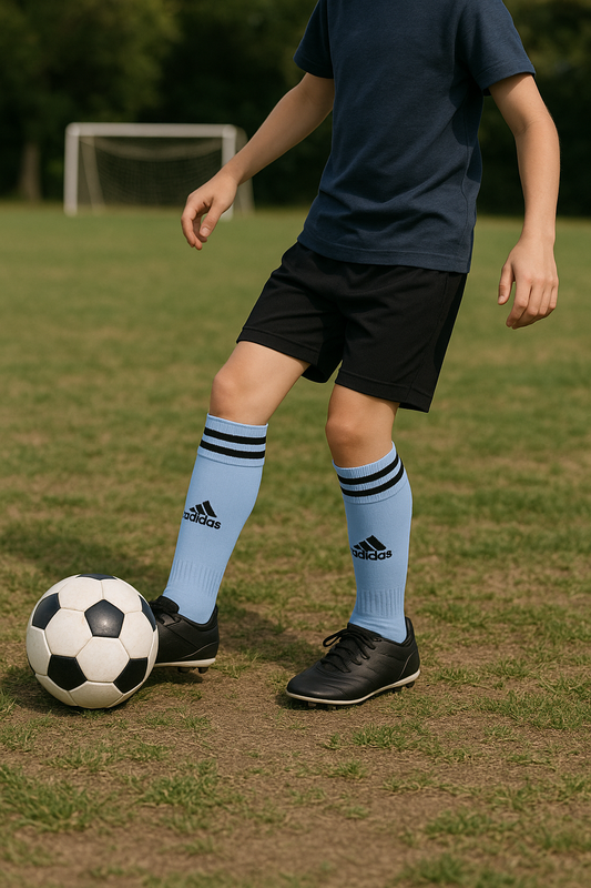 Adidas Light Blue Soccer Socks with Black Stripes