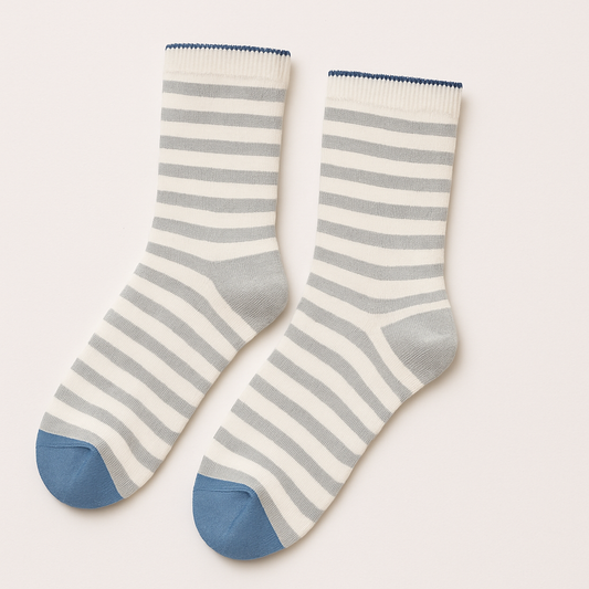 White & Grey Striped Sock with Blue Toe & Grey Heel