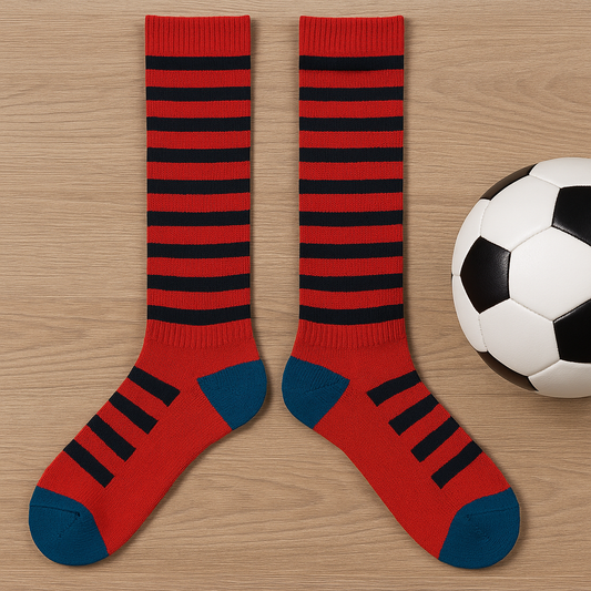 SOAXIO Kids Soccer Socks (Red with Black Stripes