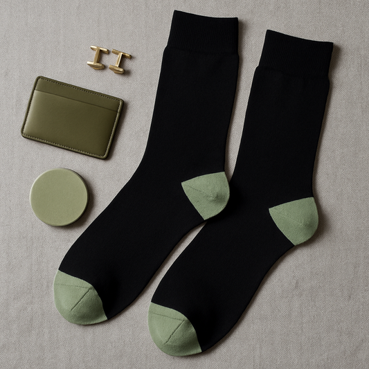 Jet Black Crew Socks with Sage-Green Accents
