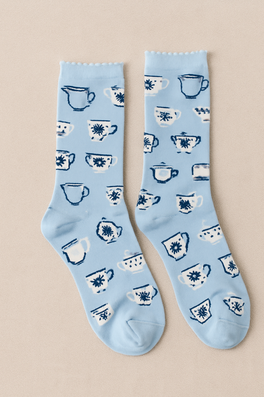 Light Blue Sock with Teacup & Teapot Patterns