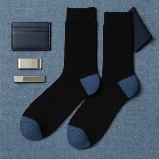 Midnight Black Crew Socks with Steel-Blue Accents