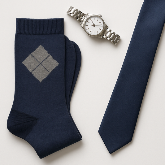Classic Navy Argyle Dress Socks with Grey Diamond Accent