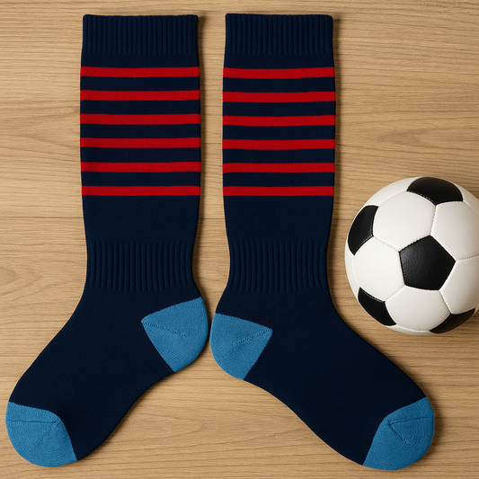 Kids Soccer Socks (Navy Blue with Red Stripes