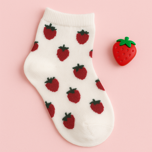 Kids White Socks with Strawberry Print