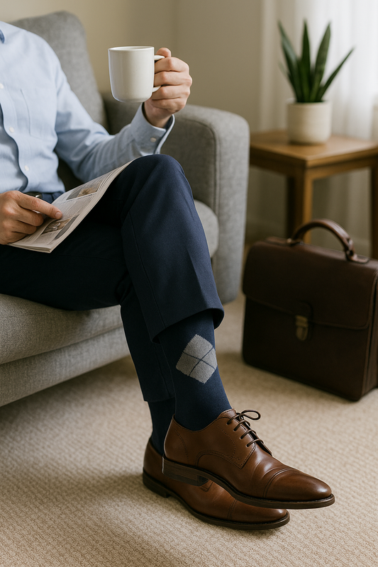 Classic Navy Argyle Dress Socks with Grey Diamond Accent